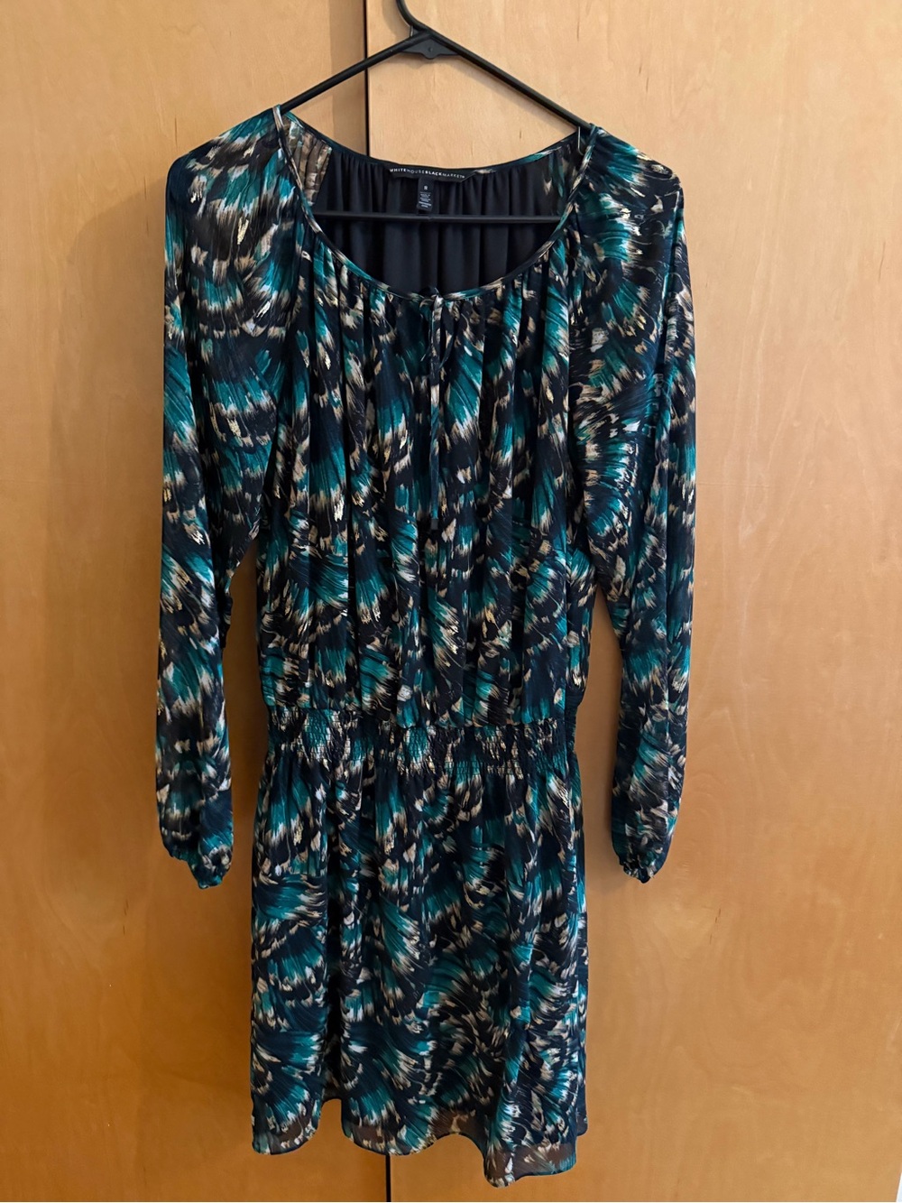 White House Black Market Teal and Black Long-Sleeve Printed Dress
